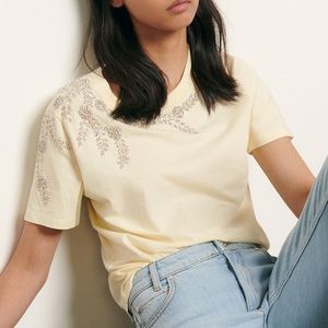 NWT Sandro Paris 2022 Embroidery and Rhinestones Short Sleeve Cotton Floral Tee